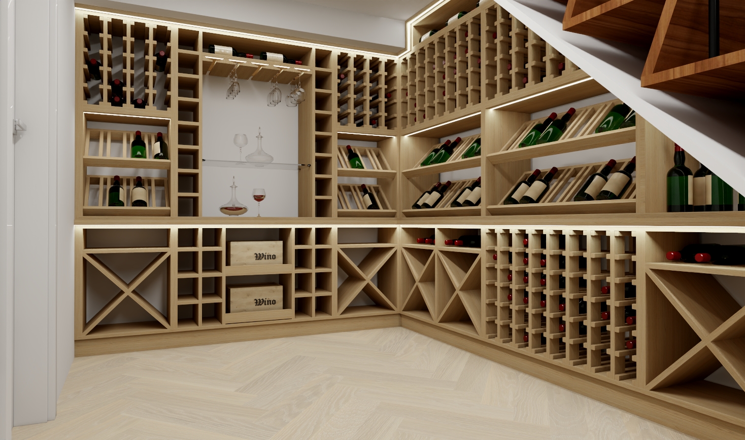 Projekt piwniczki na wino pod schodami